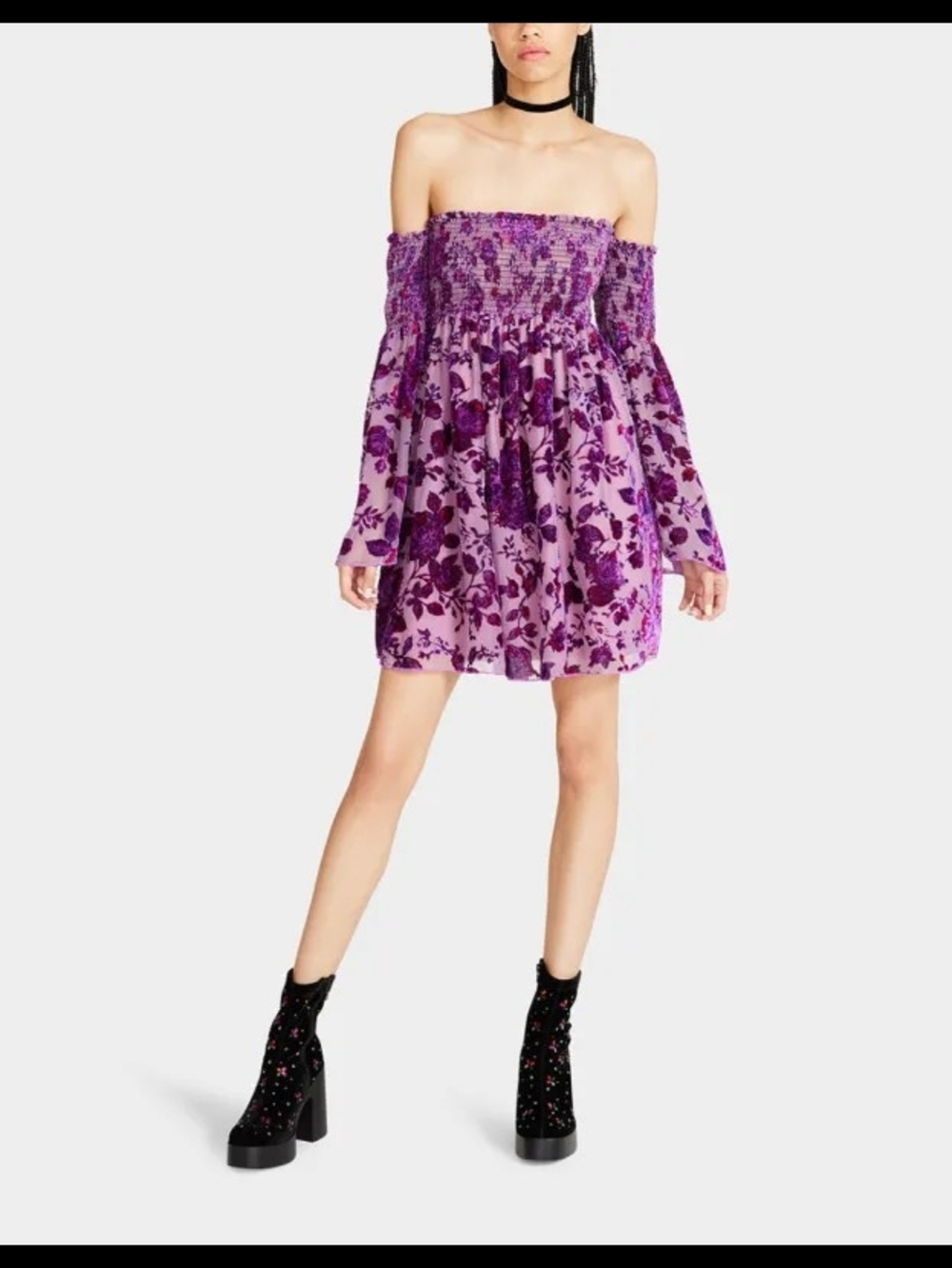 Betsey Johnson - Essie - Off-Shoulder Velvet Purple Floral Mini Dress